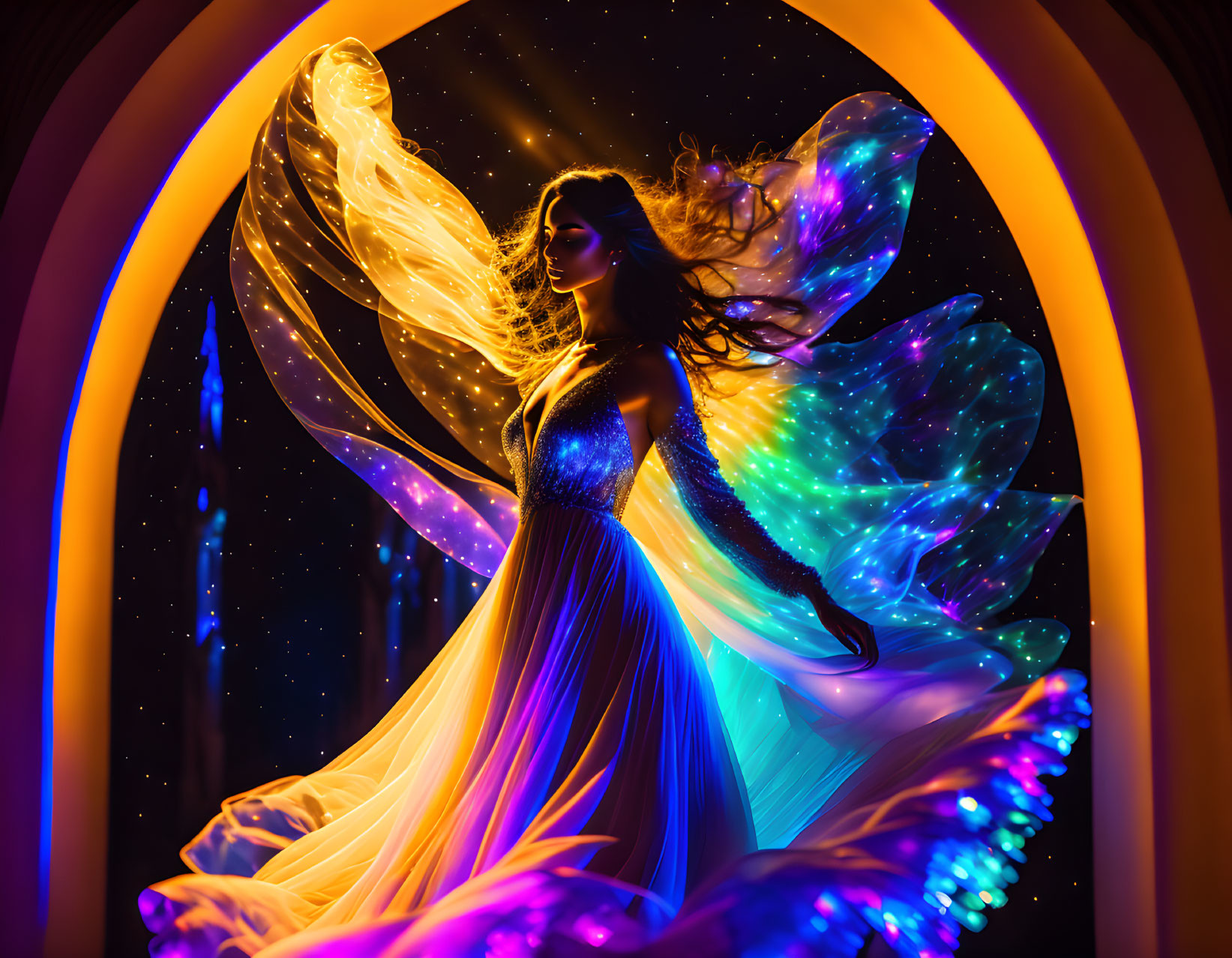 Woman in flowing dress with glowing wings in vibrant colors and starry backdrop