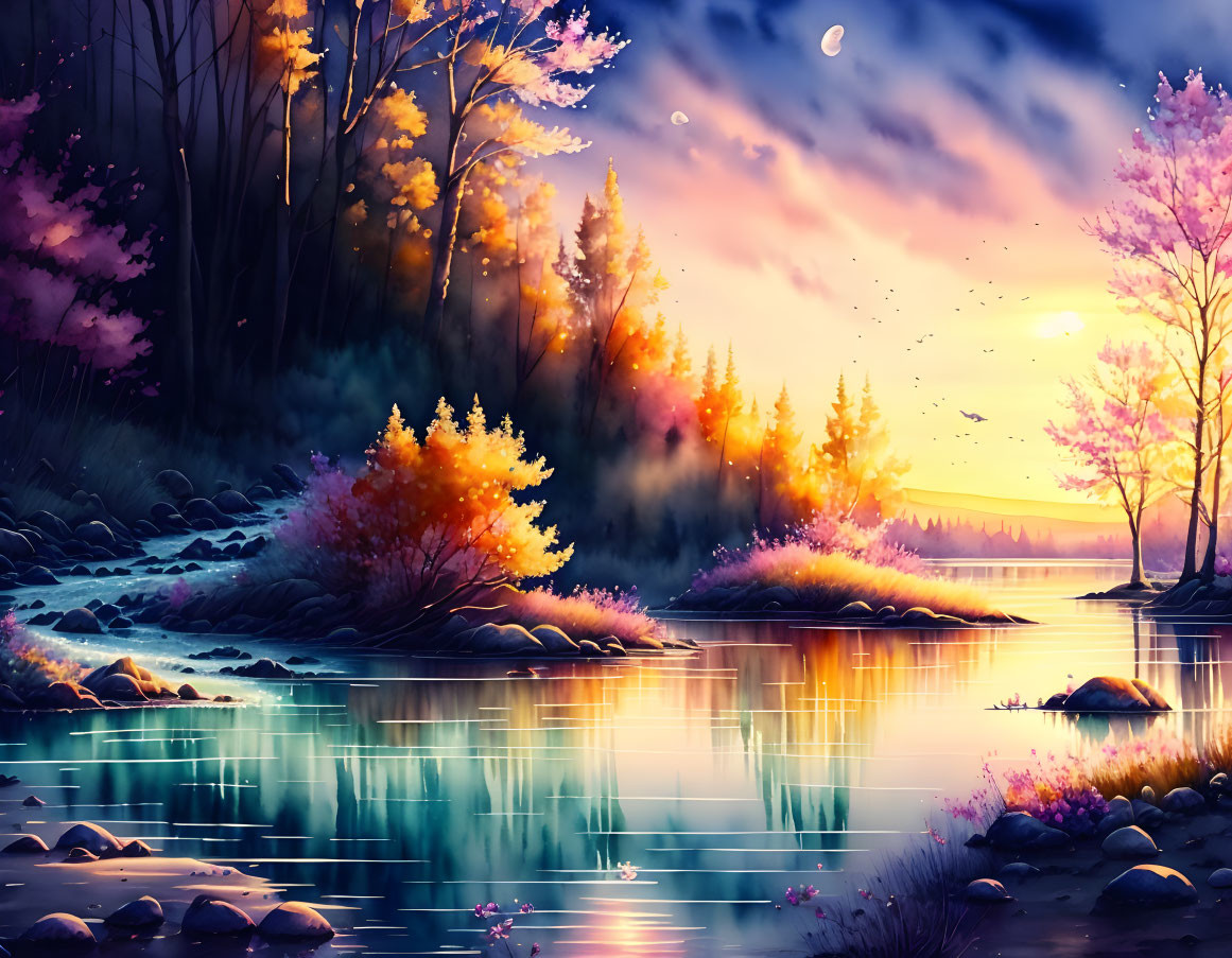 Colorful autumn lake scene with crescent moon and birds