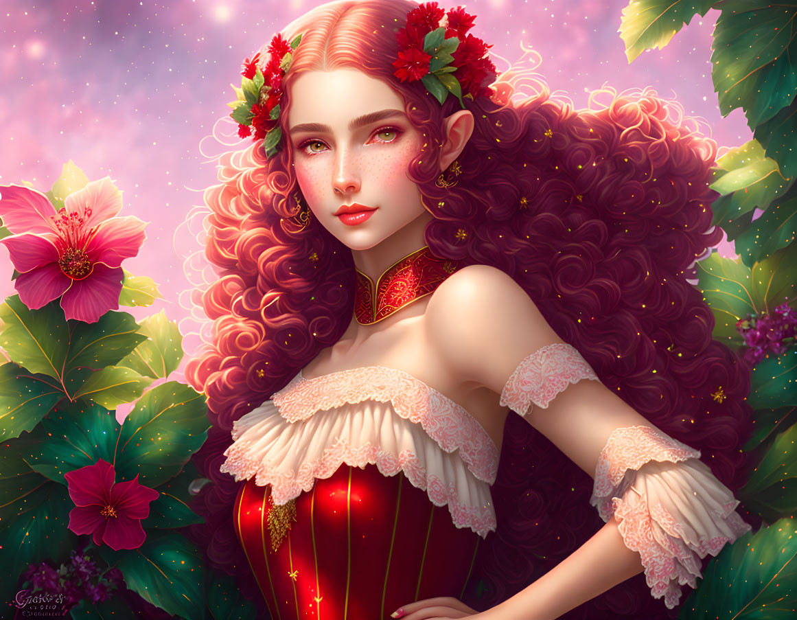 Fantasy female character with red curly hair in red dress against pink starry background