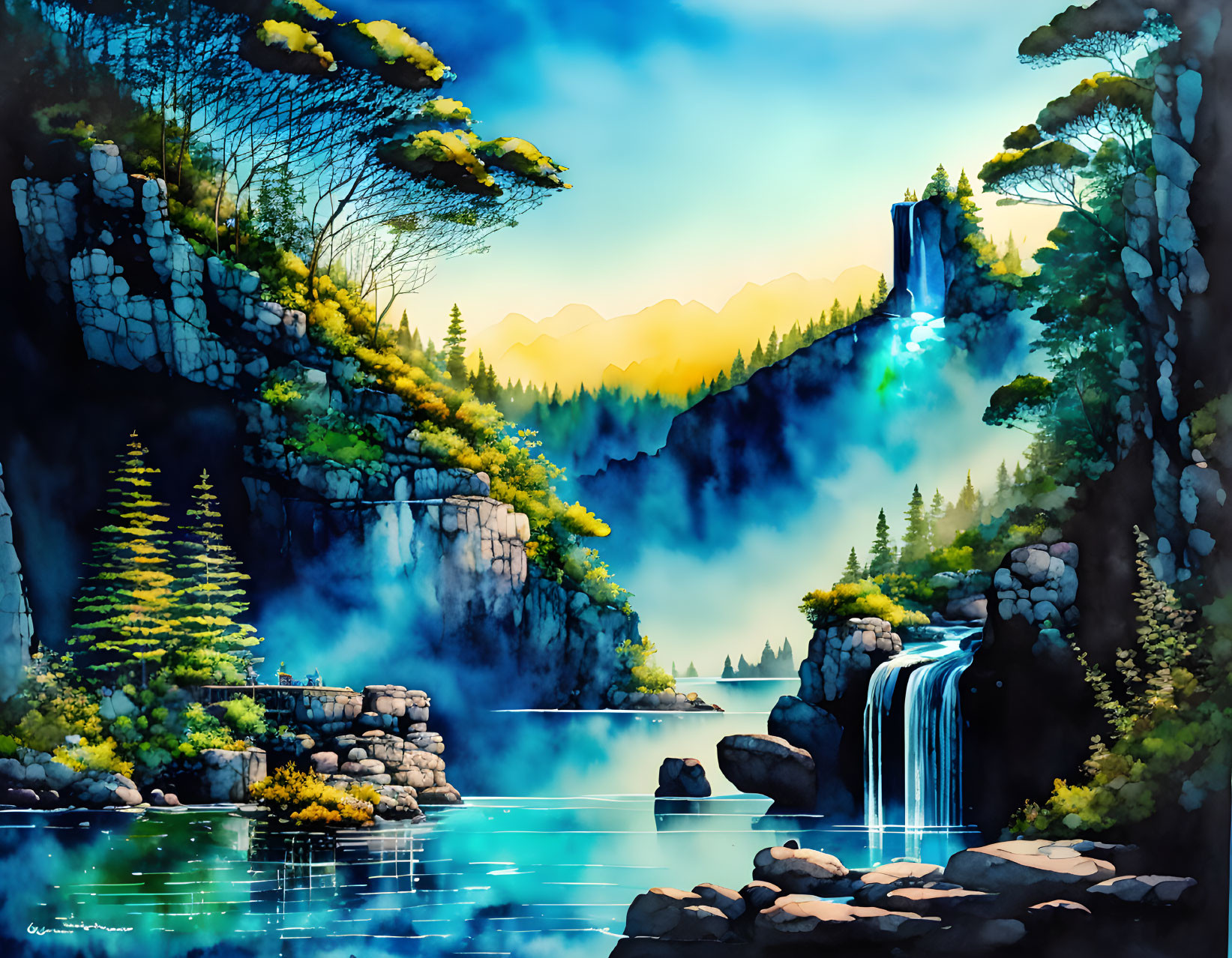 Serene waterfall landscape with misty forests & tranquil lake