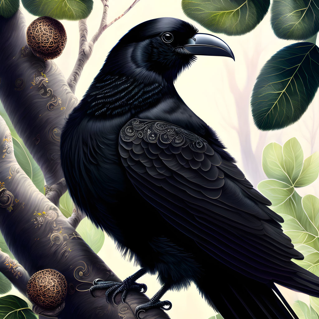 Detailed Illustration of Black Raven on Branch with Intricate Designs