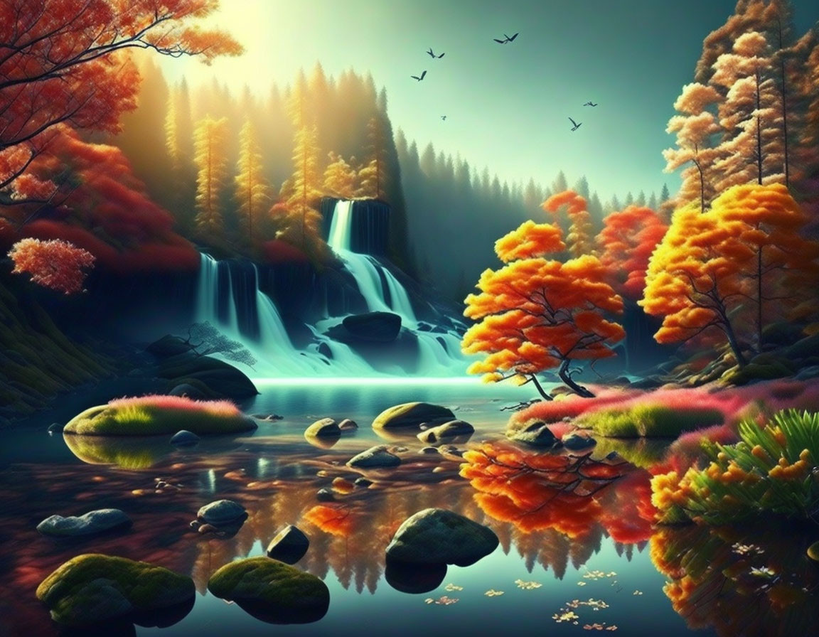 Scenic autumn forest with waterfall, orange trees, reflective river, and birds in hazy sky