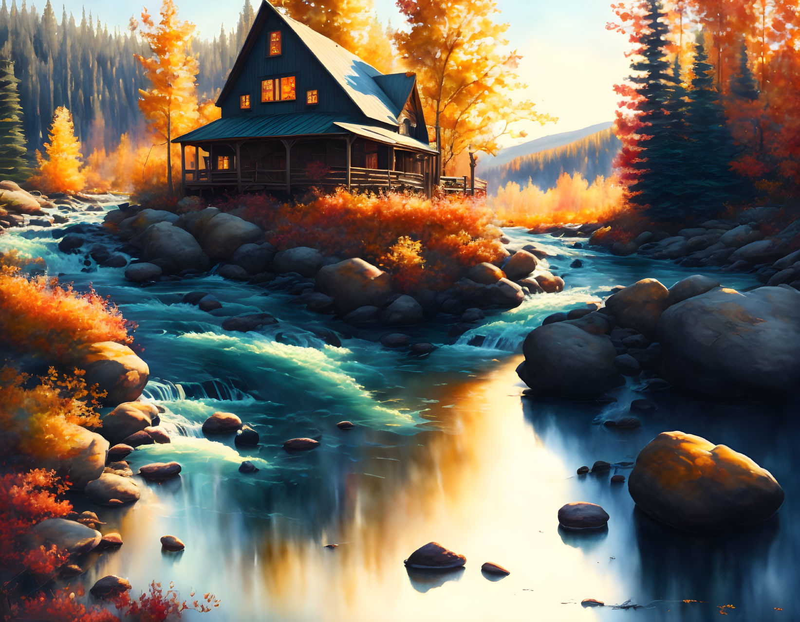 Tranquil autumn cabin by river with colorful foliage