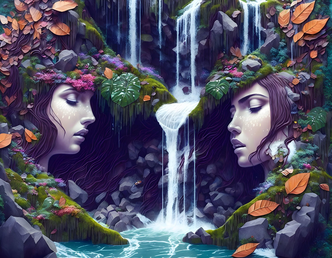 Digital Artwork: Two Female Faces in Waterfall Landscape