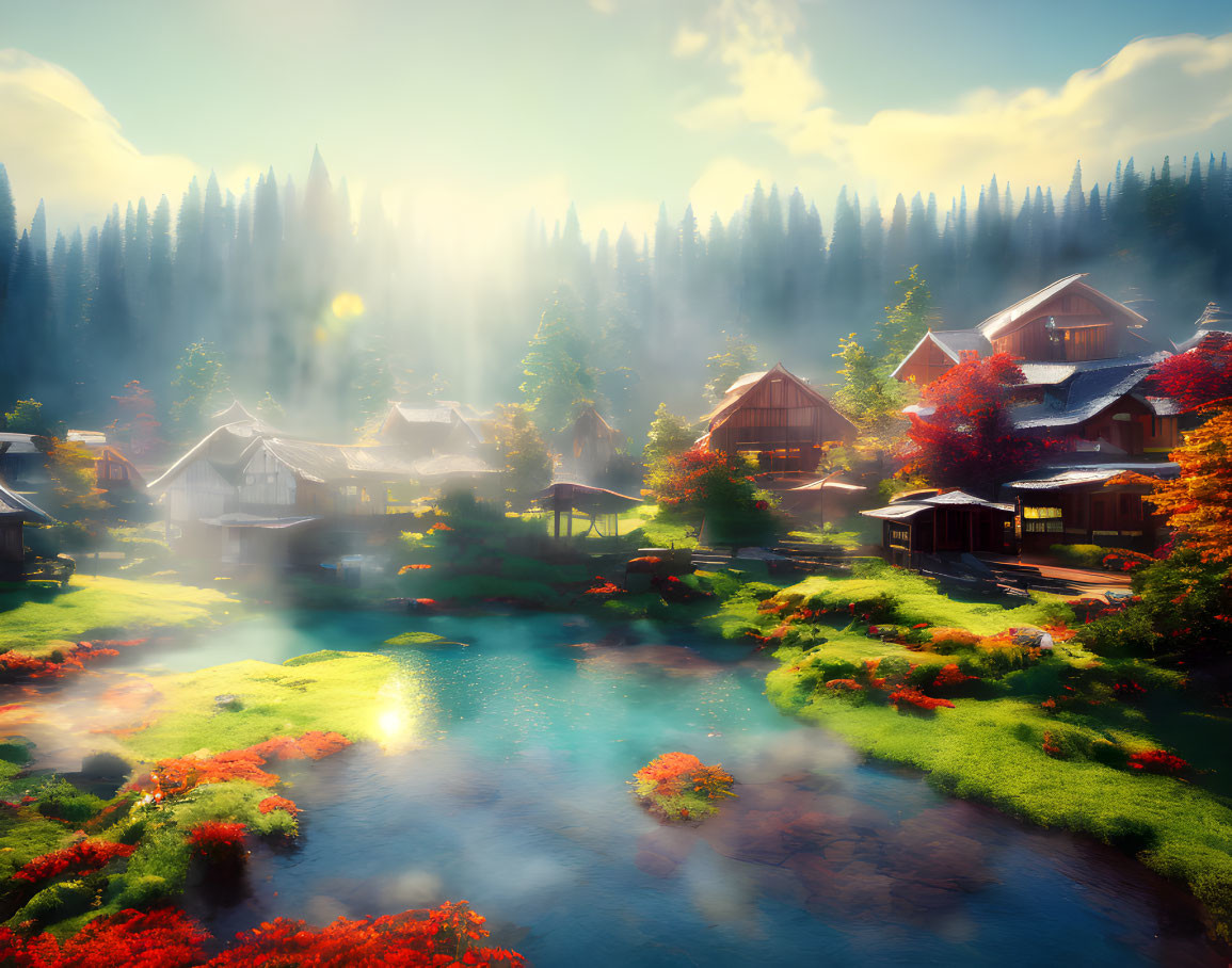 Scenic autumn village with wooden houses, river, and misty forest landscape