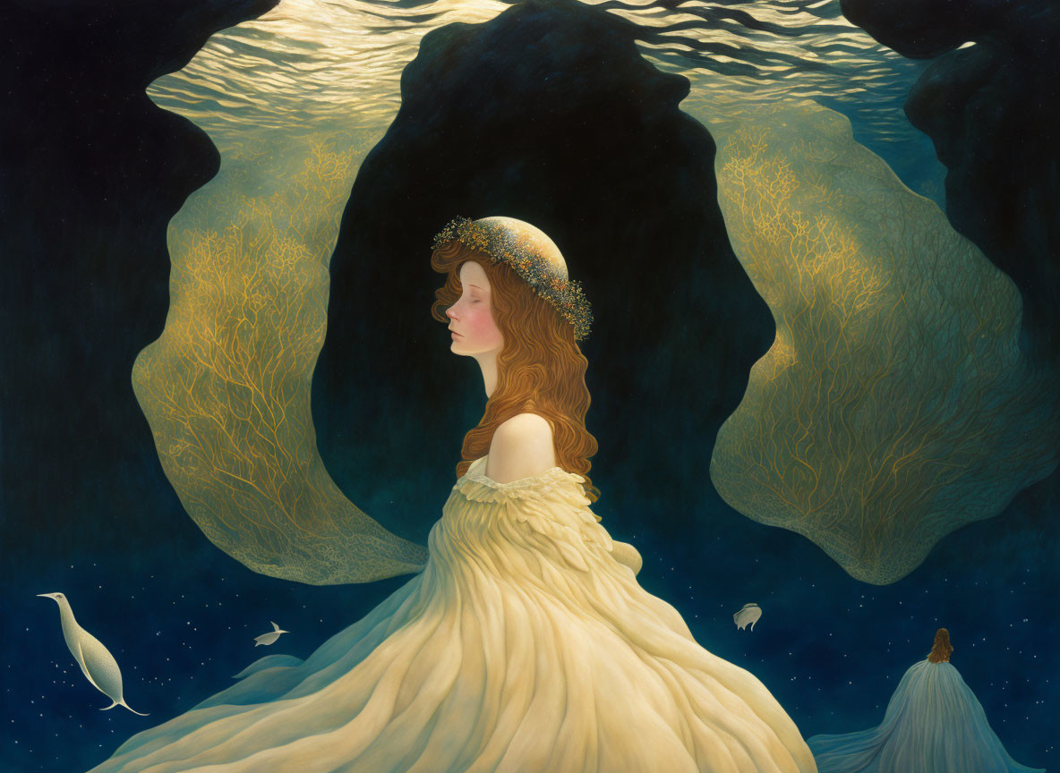 Woman in yellow dress underwater with tree hair and fish.