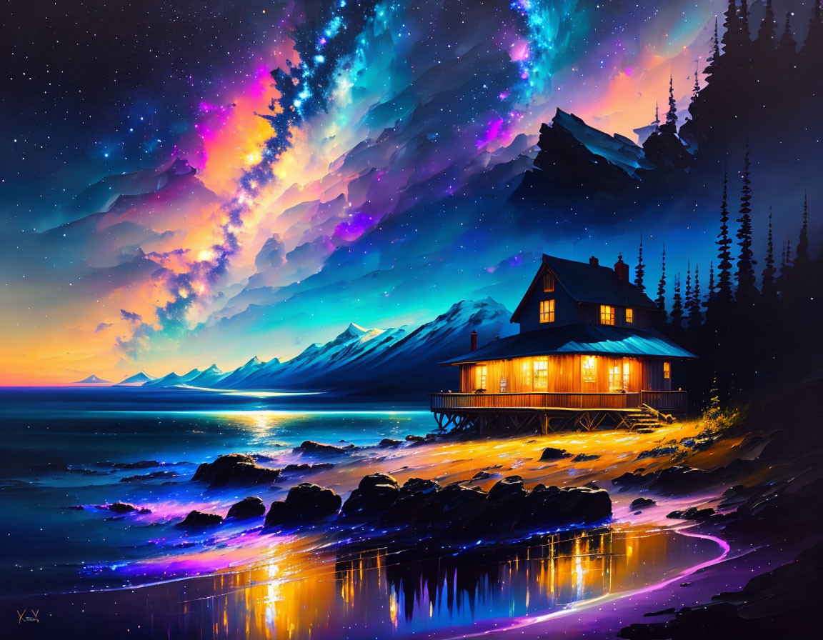 Digital Art: Cozy Cabin by Mountain Lake at Night