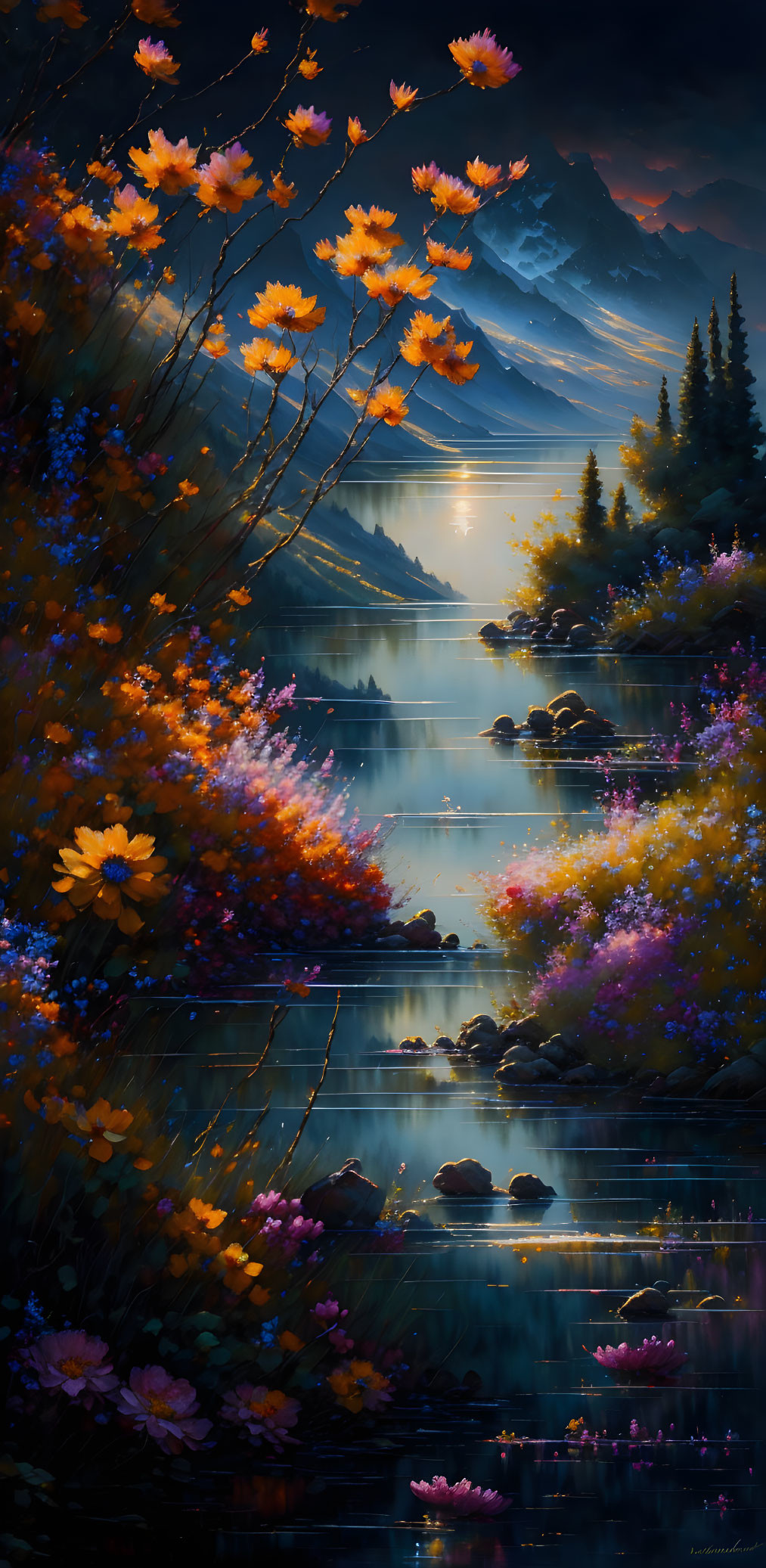 Tranquil landscape painting: river, autumn trees, colorful flowers, misty mountains, twilight sky