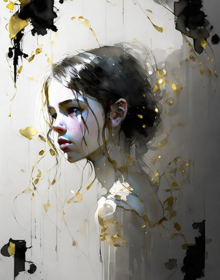 Portrait of young girl with dark hair and blue eyes, expressive brush strokes and gold splatters.