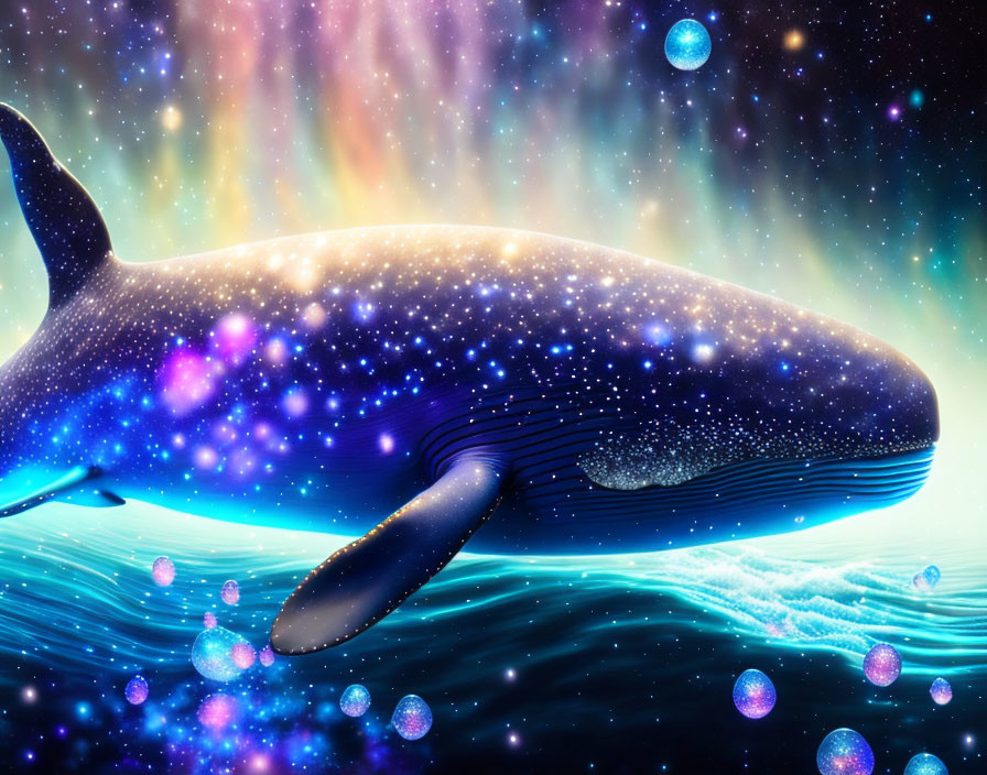 Whale with starry body in space above ocean