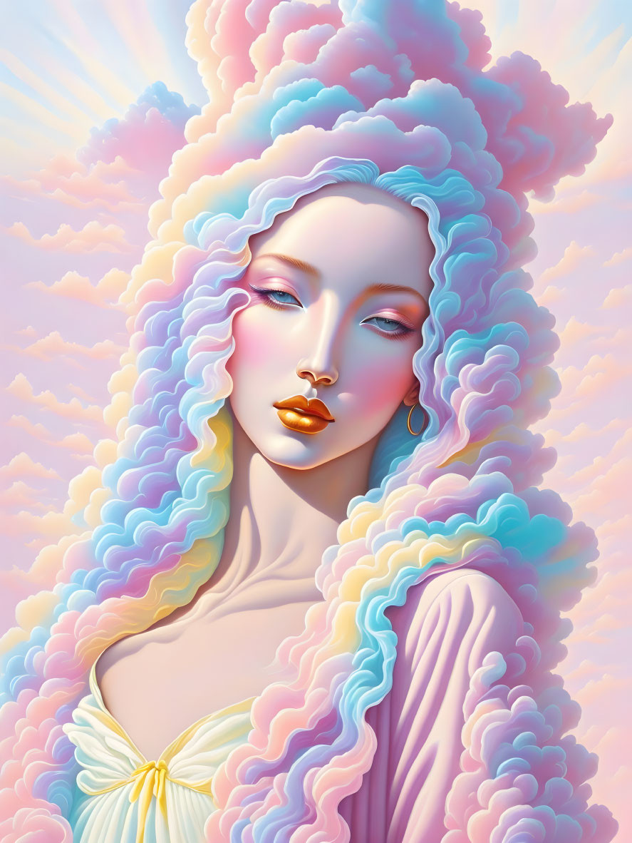 Woman with Stylized Pastel Hair and Golden Lips in Cloudy Sky Setting