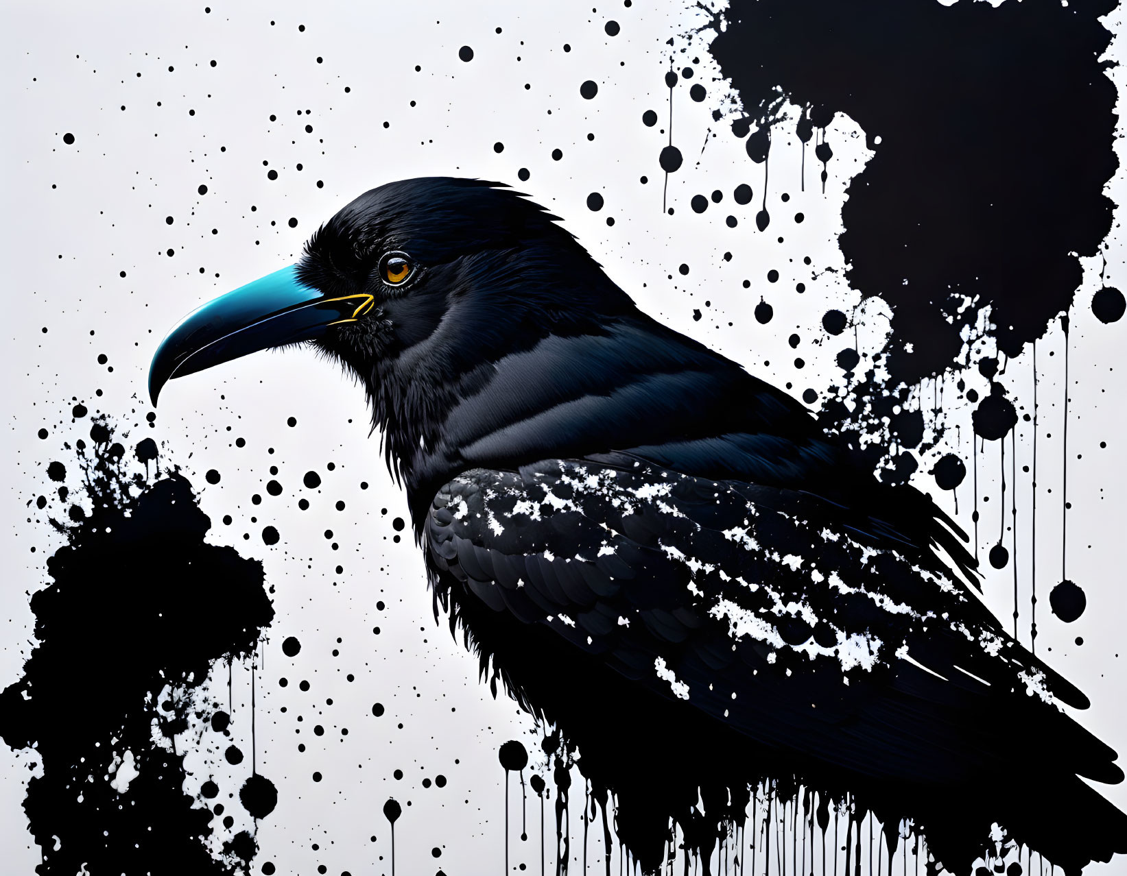 Stylized artwork of a raven with detailed black plumage on splattered ink background