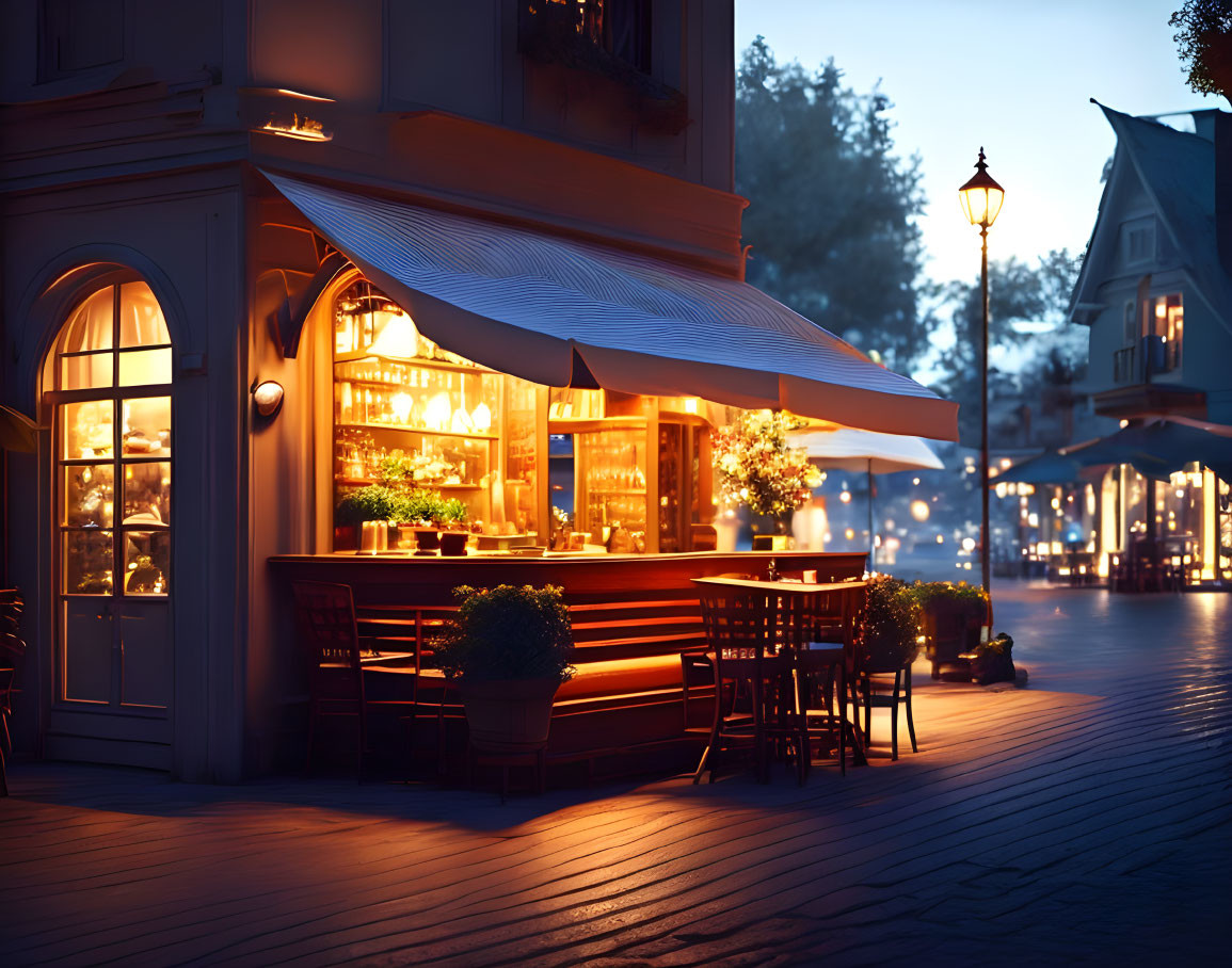 Cozy street-side cafe with outdoor seating and warm lights at dusk