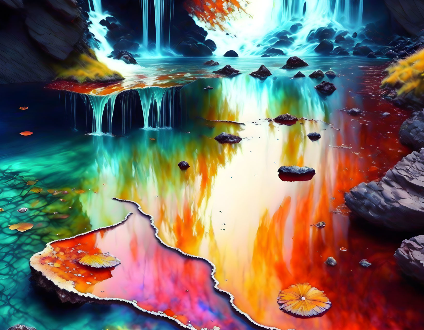 Surreal landscape with cascading waterfalls and colorful landform