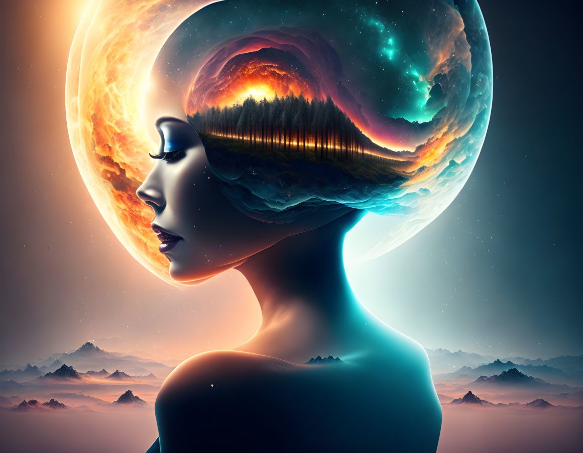 Surreal illustration: Woman with cosmic landscape hair and mind