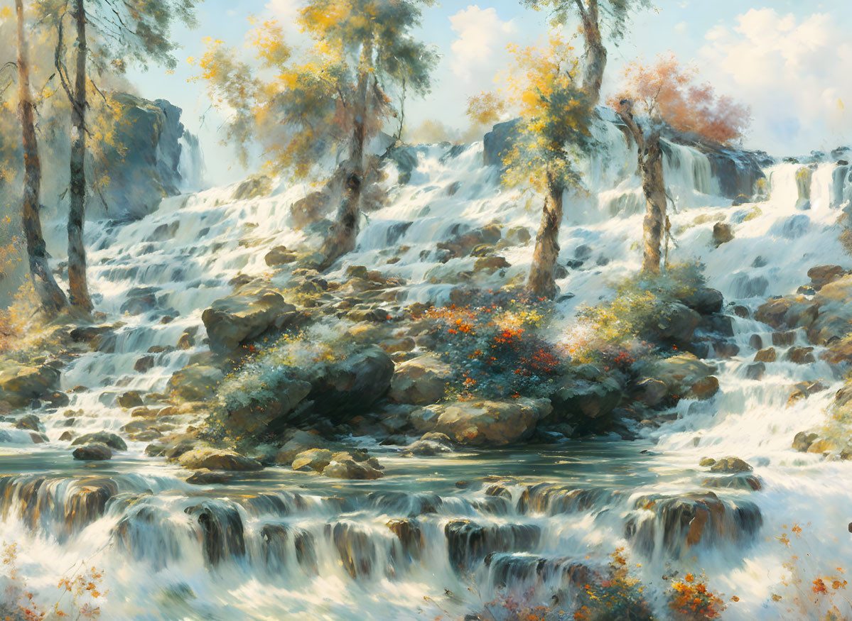 Tranquil waterfall painting with autumn trees and moss-covered rocks