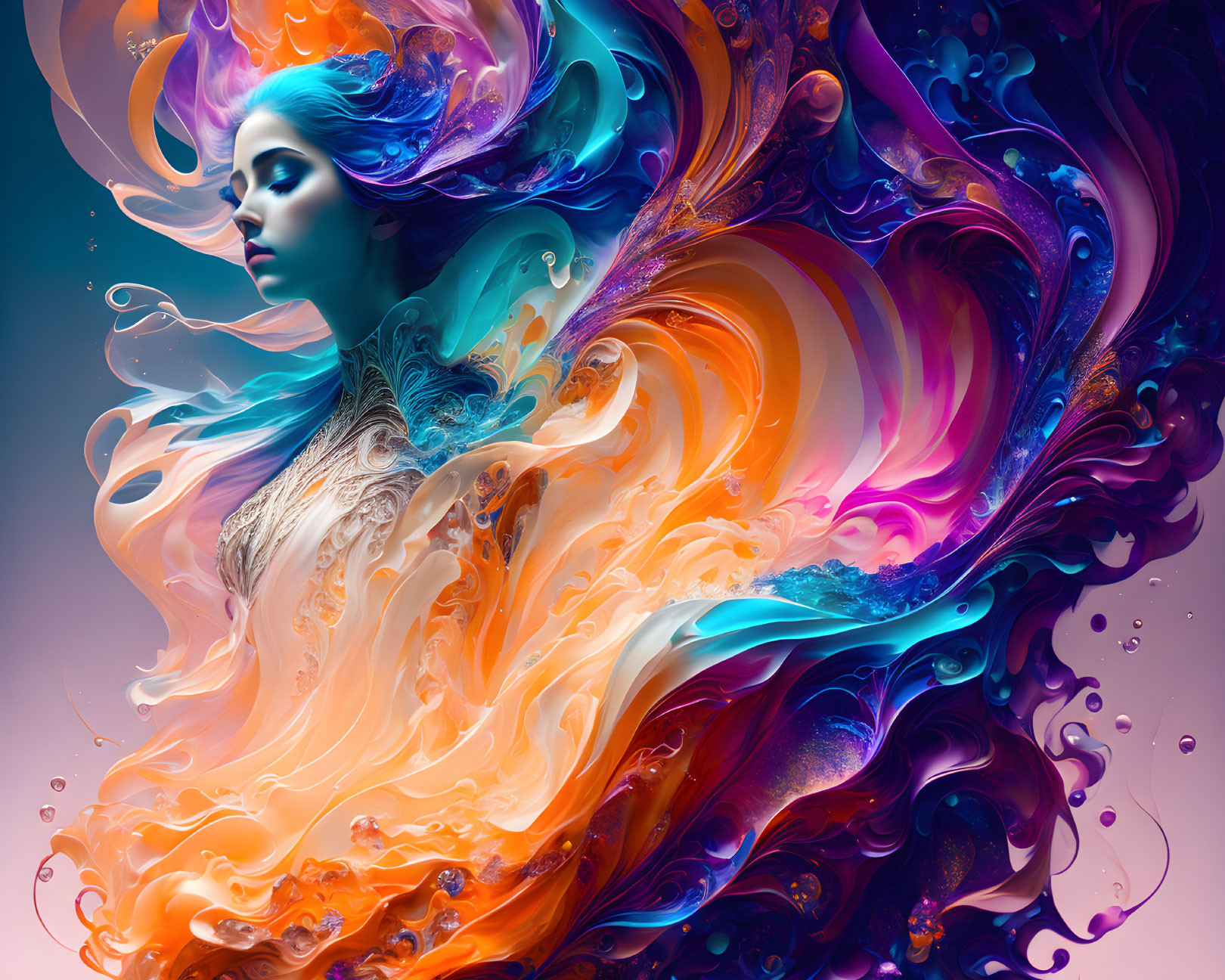 Colorful Abstract Digital Art: Woman's Hair Blends with Vibrant Shapes