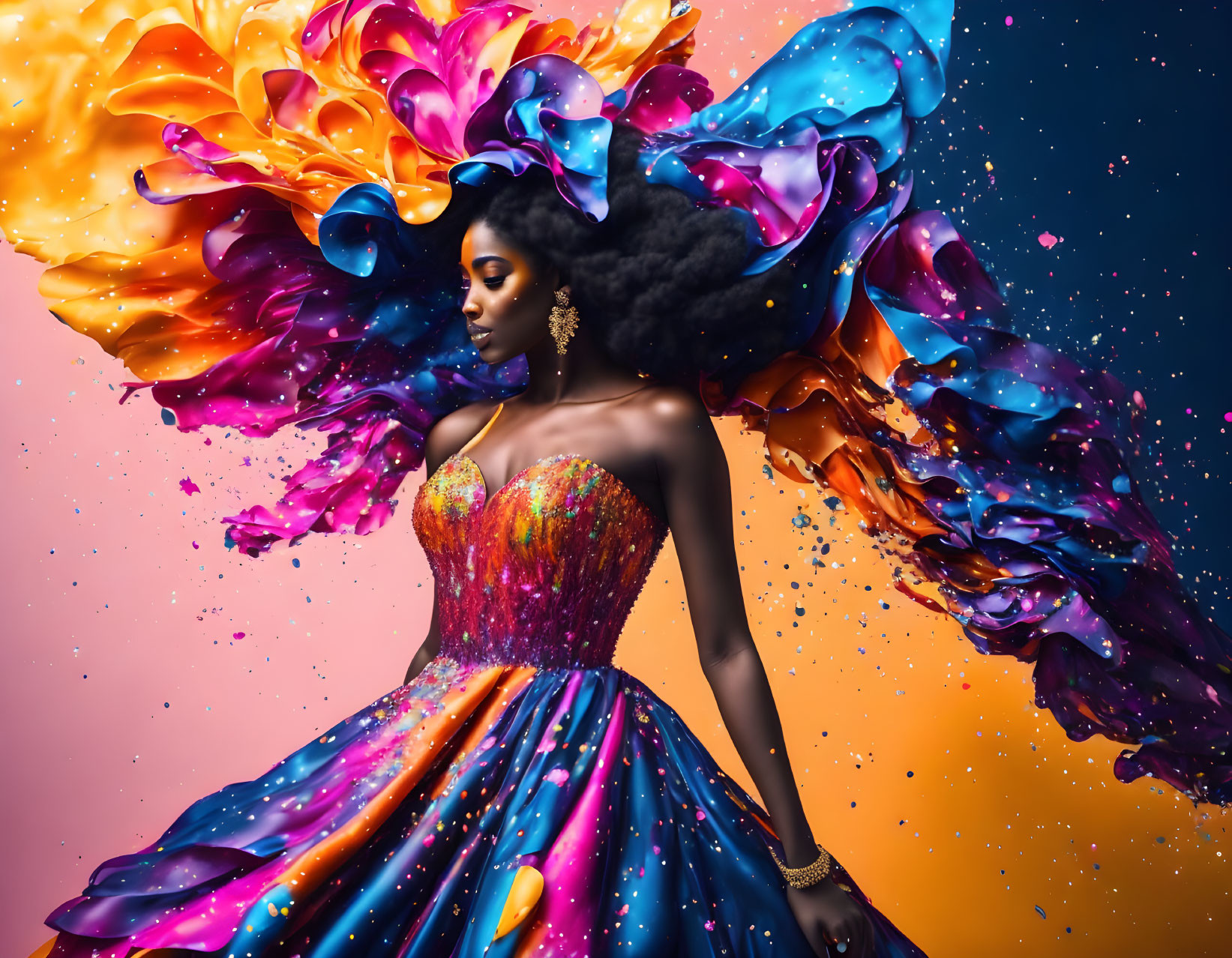 Vibrant Woman in Multicolored Dress with Liquid Splash Background