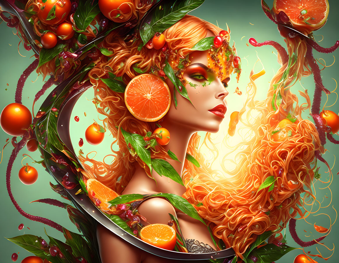 Vibrant orange hair woman with citrus elements and swirling oranges on green backdrop