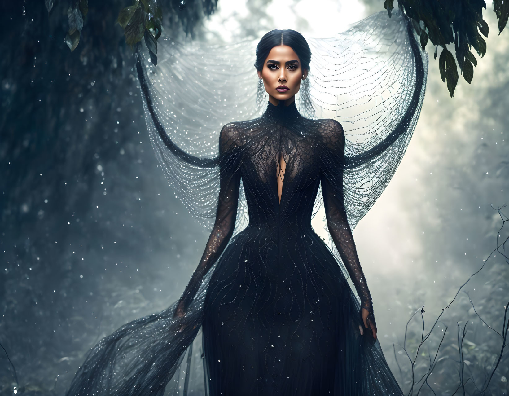 Mystical woman in black gown in foggy forest setting