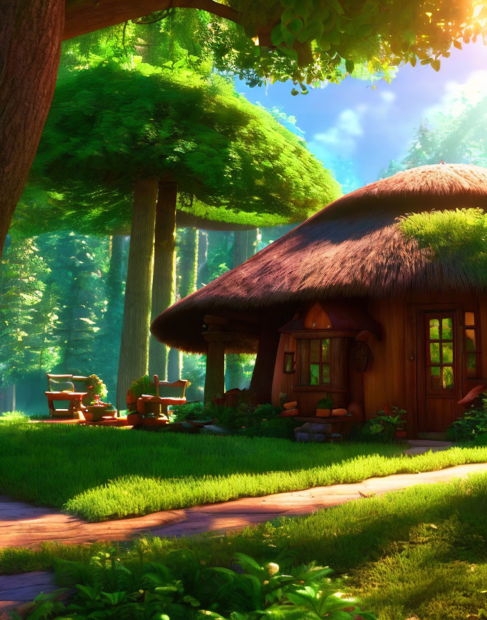 Thatched Roof Cottage in Sunlit Forest Clearing