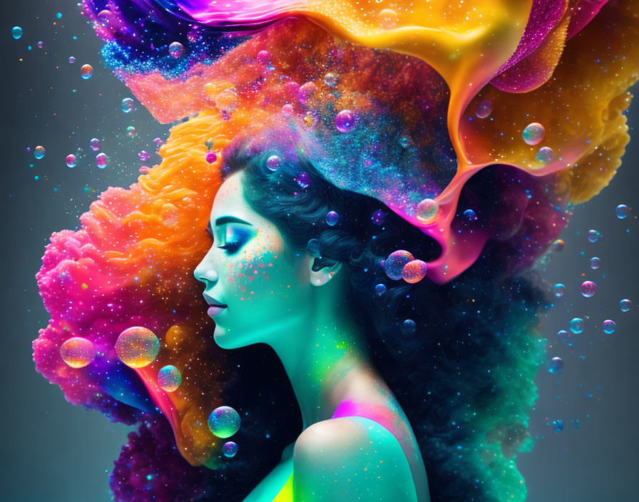 Colorful cosmic paint portrait of a woman with nebula swirls.