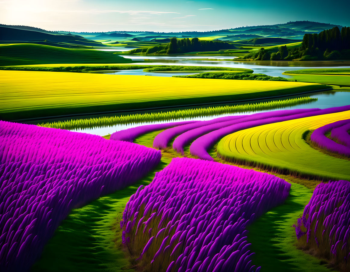 Scenic landscape: rolling hills, purple & yellow flower fields, green grass, blue river