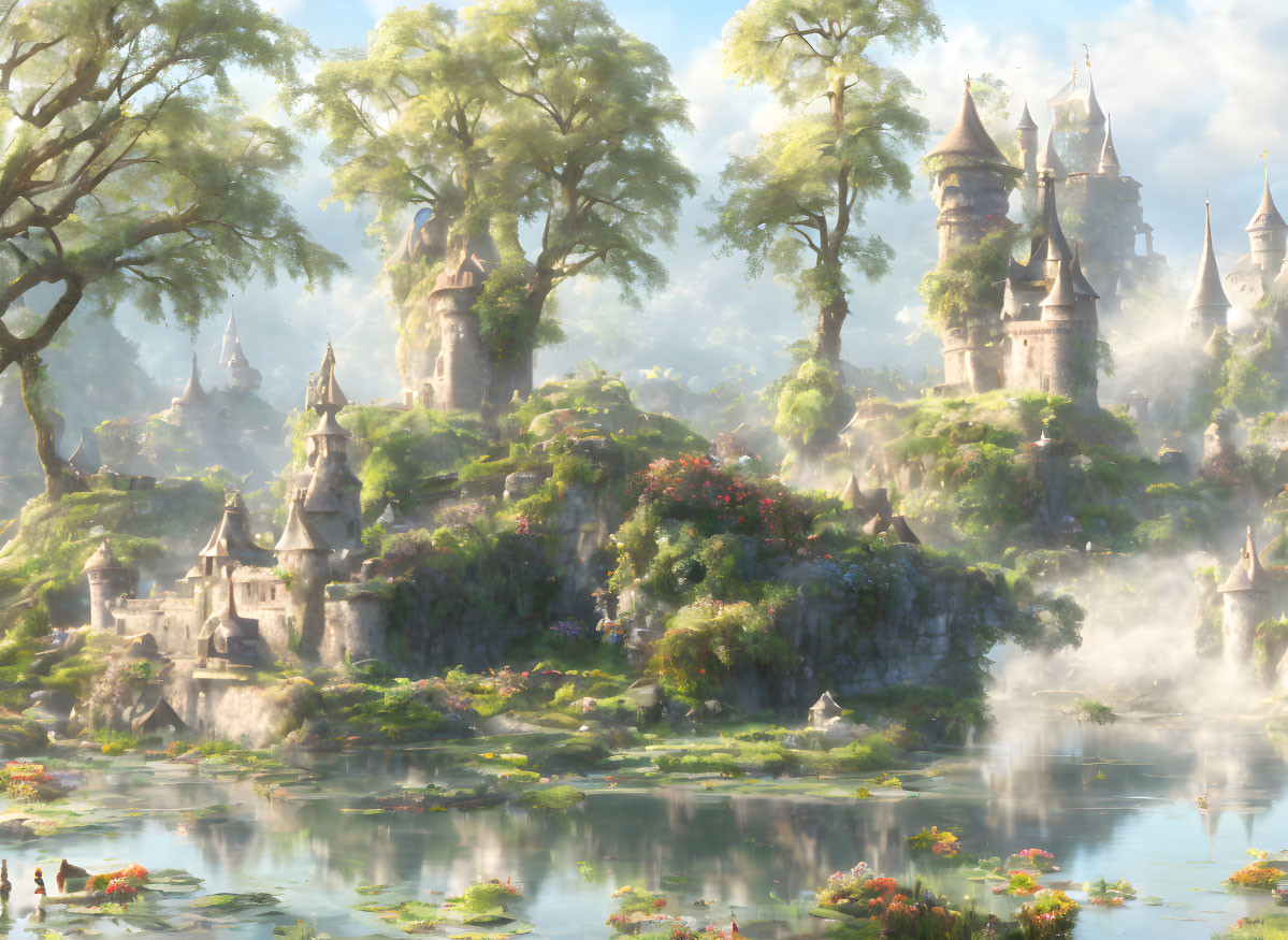 Misty fairy-tale landscape with castles, lush greenery, and serene lake