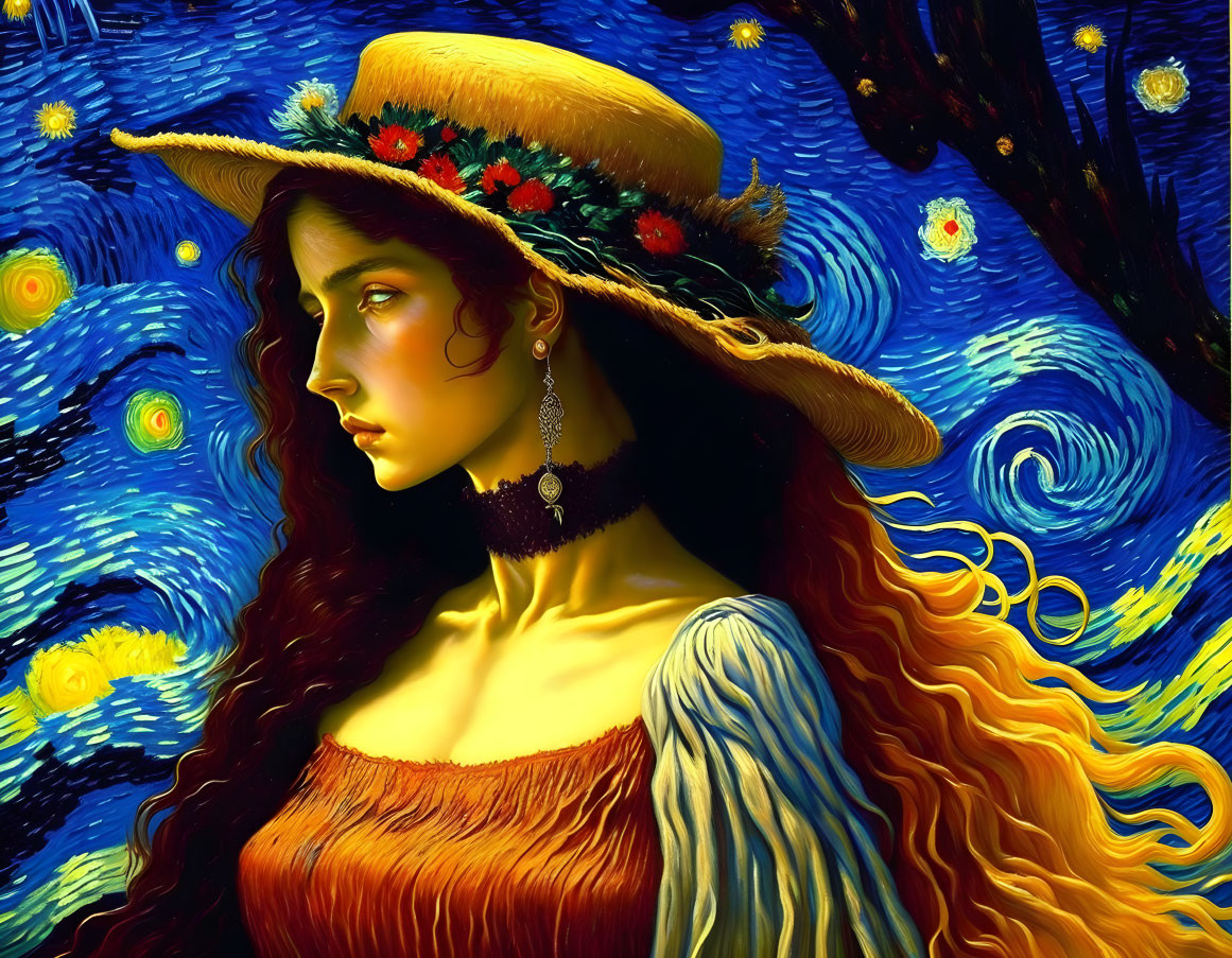 Stylized portrait of a woman with wide-brimmed hat and floral adornments on swirling night