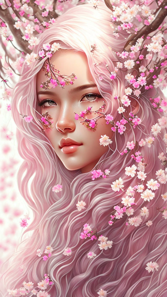 Illustration of woman with long pink hair and cherry blossoms for a spring-inspired look