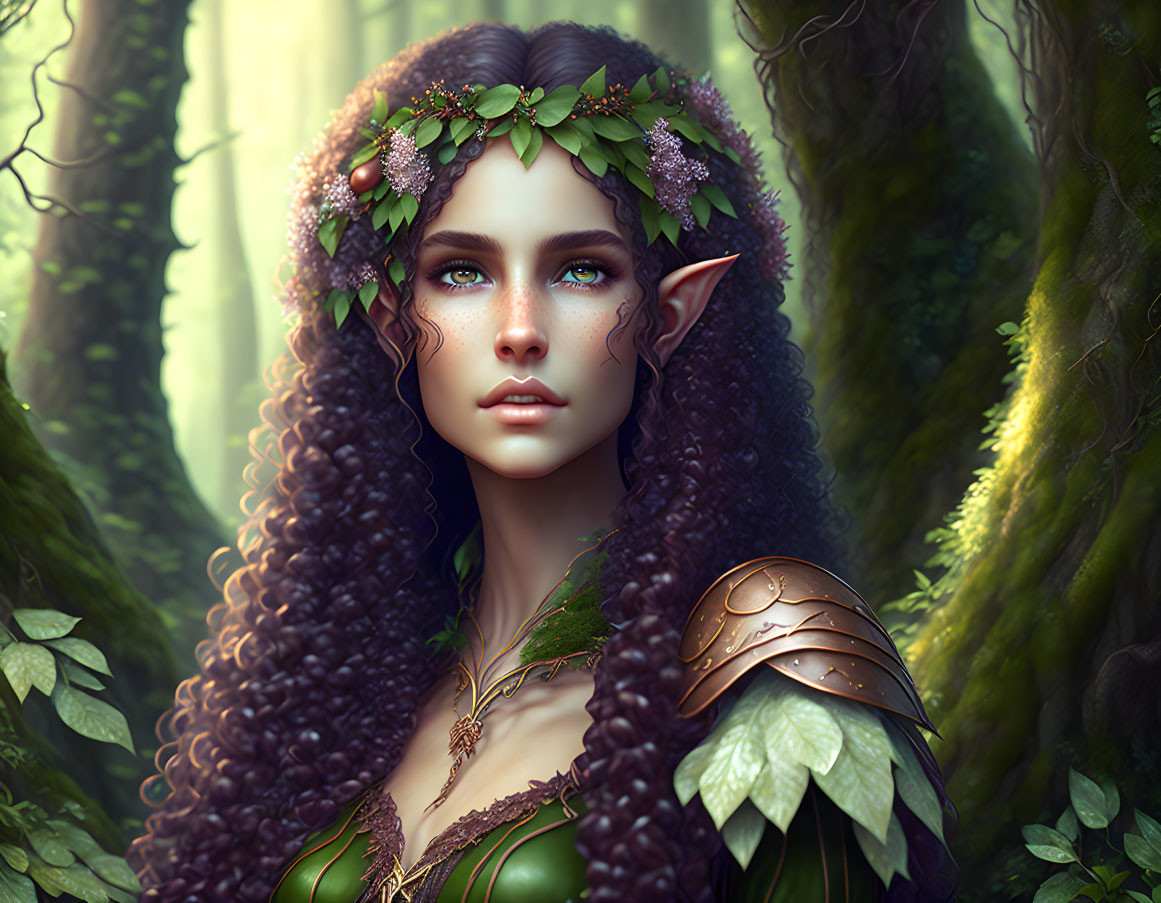 Fantasy elf with green eyes, pointed ears, curly brown hair, leafy crown, armor,