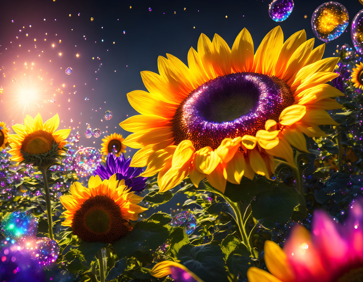 Bright sunflowers and colorful flowers in fantasy setting