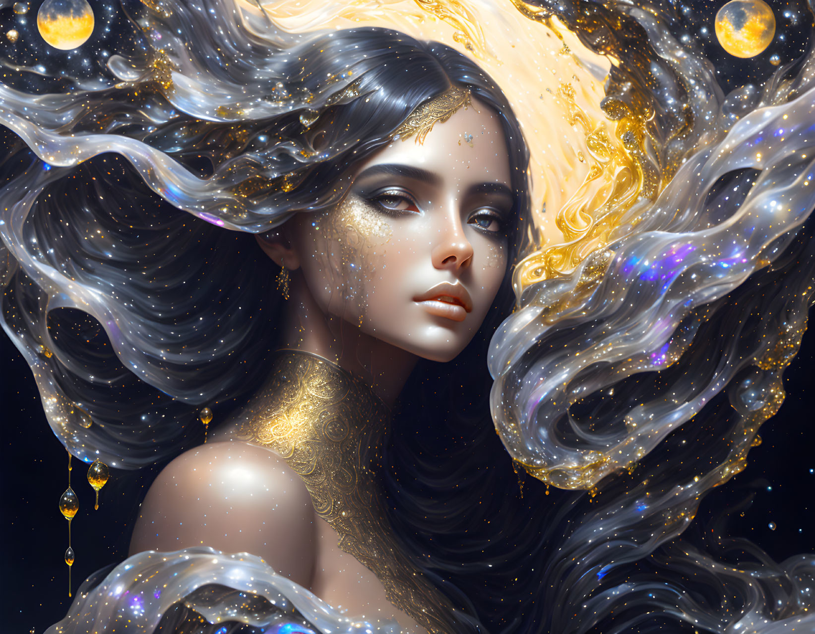 Digital art portrait of woman with cosmic hair and golden accents