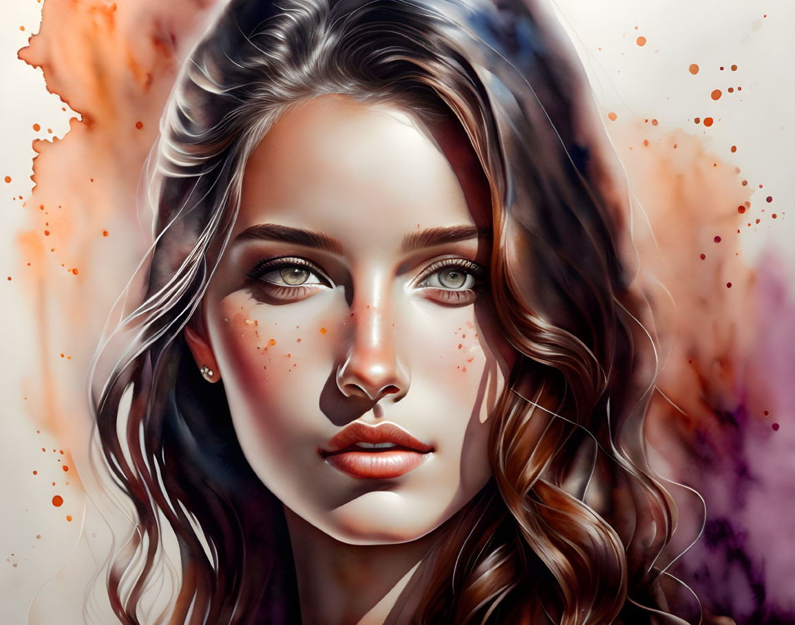 Colorful digital portrait of a woman with wavy hair and striking eyes on abstract background.