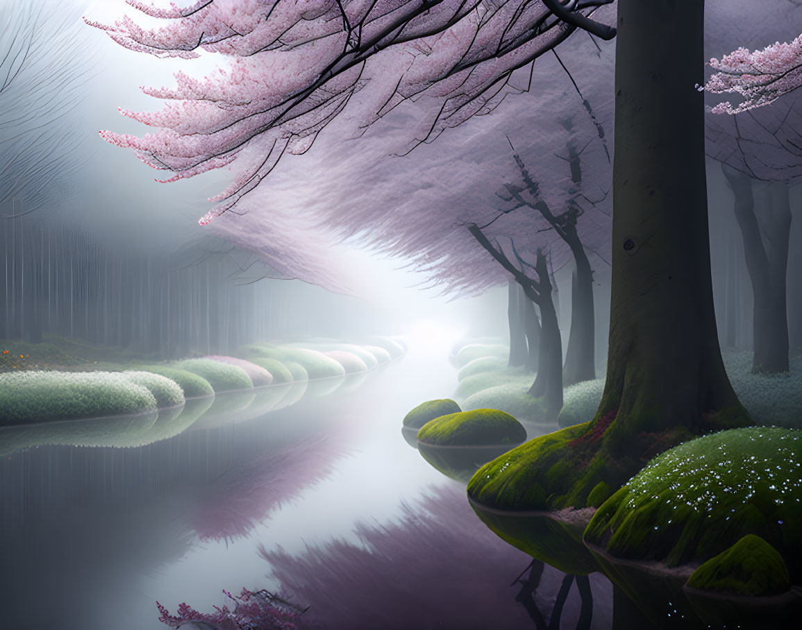 Tranquil Misty Forest with Cherry Blossoms and River