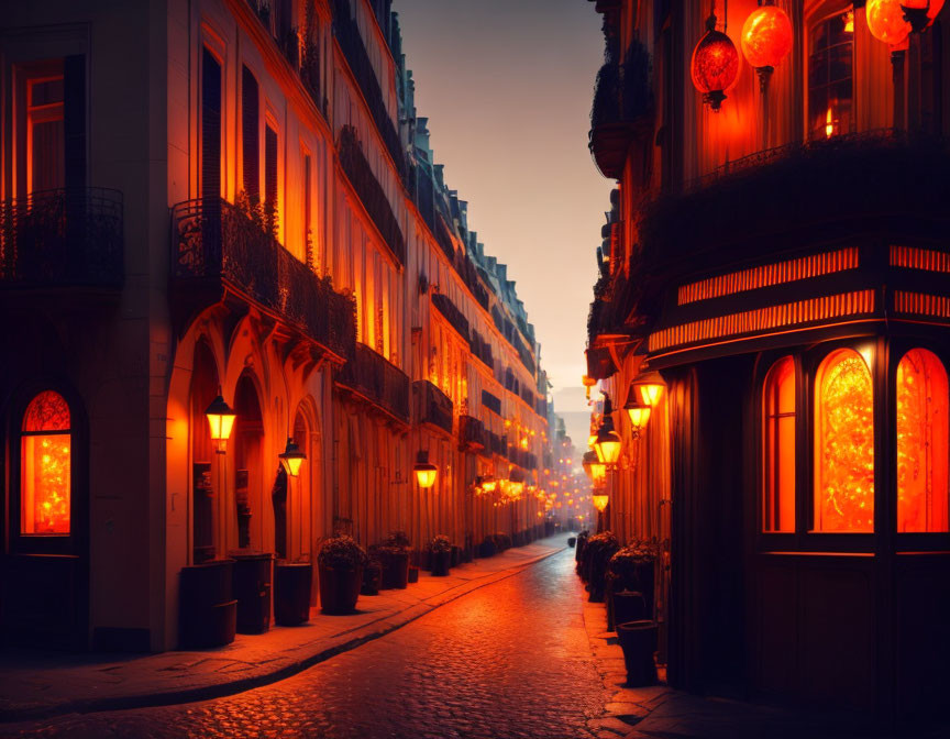 Tranquil Dusk Street Scene with Warm Glowing Lights