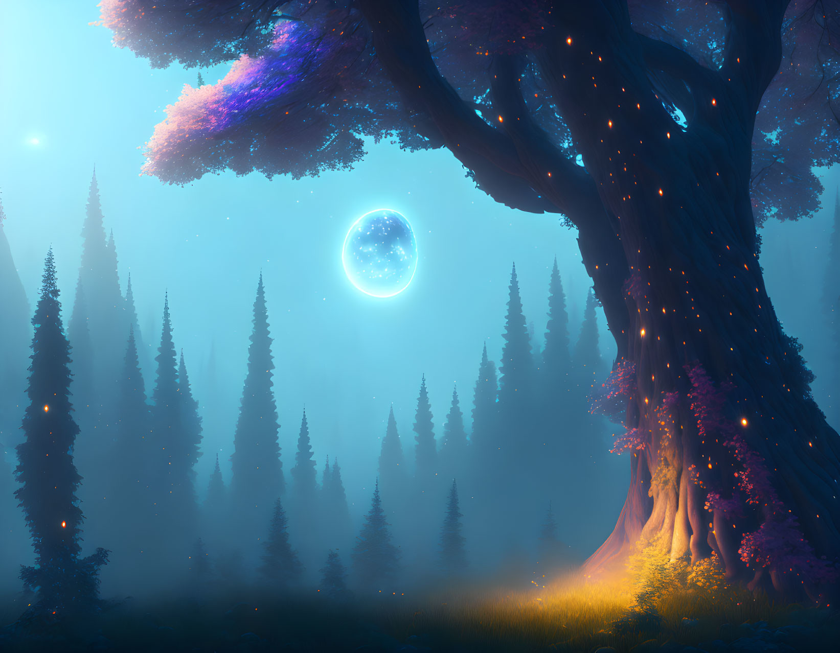 Enchanted forest with large tree, glowing lights, and bright moon in blue mist