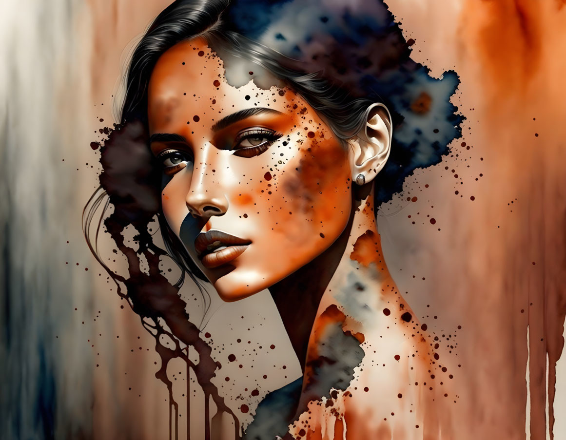 Digital Artwork: Woman with Realistic Face merging into Abstract Watercolor Splashes