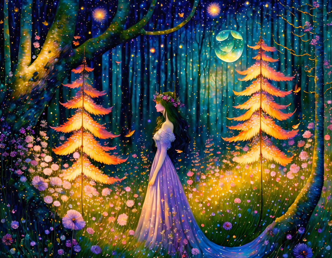 Enchanted forest scene with woman in flowing gown