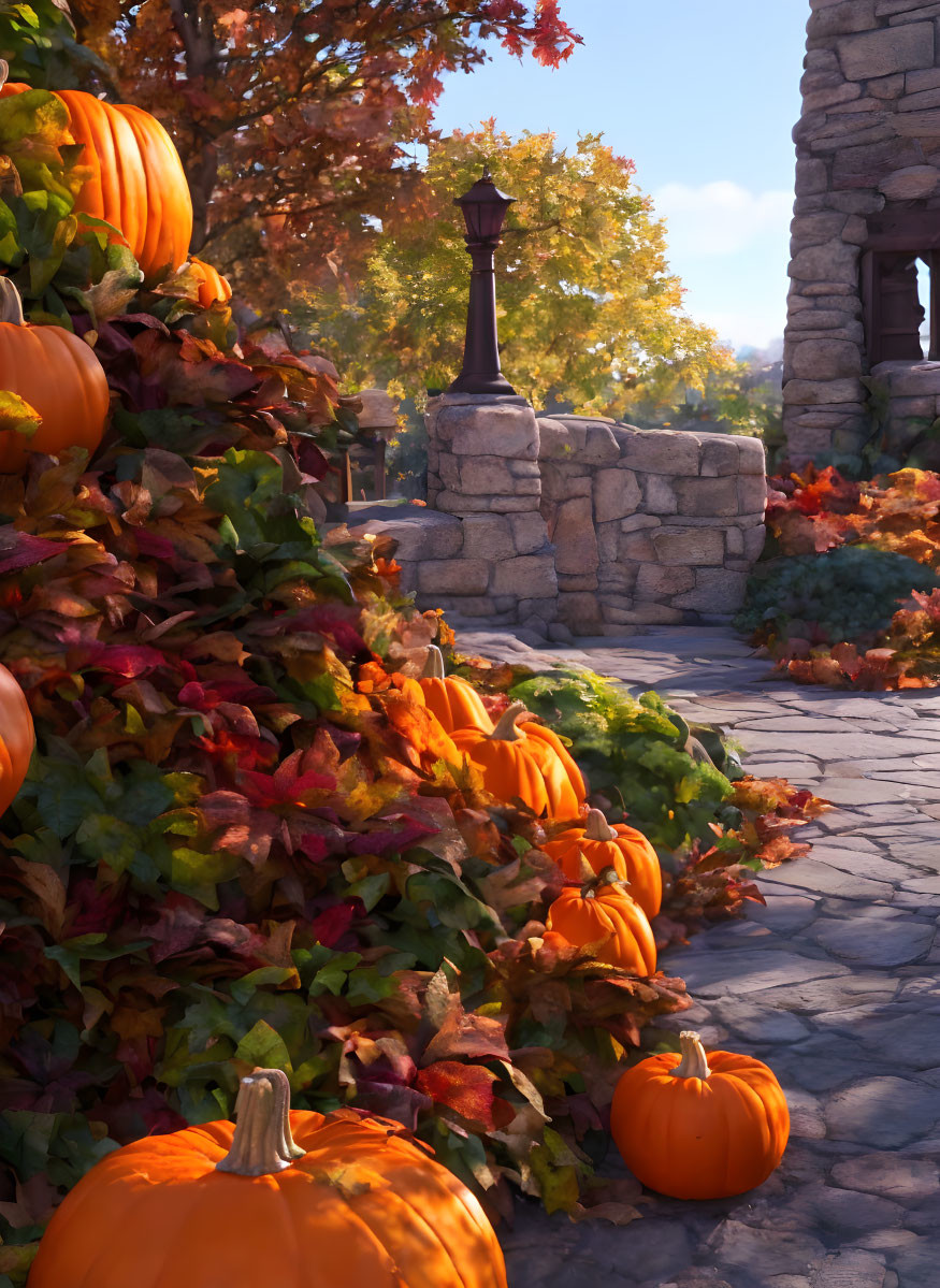 Autumn scene with pumpkins, fallen leaves, stone pathway, archway, lamp post