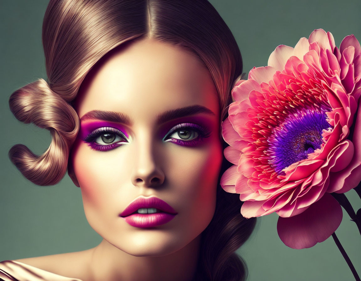 Styled hair and vibrant makeup with large pink flower