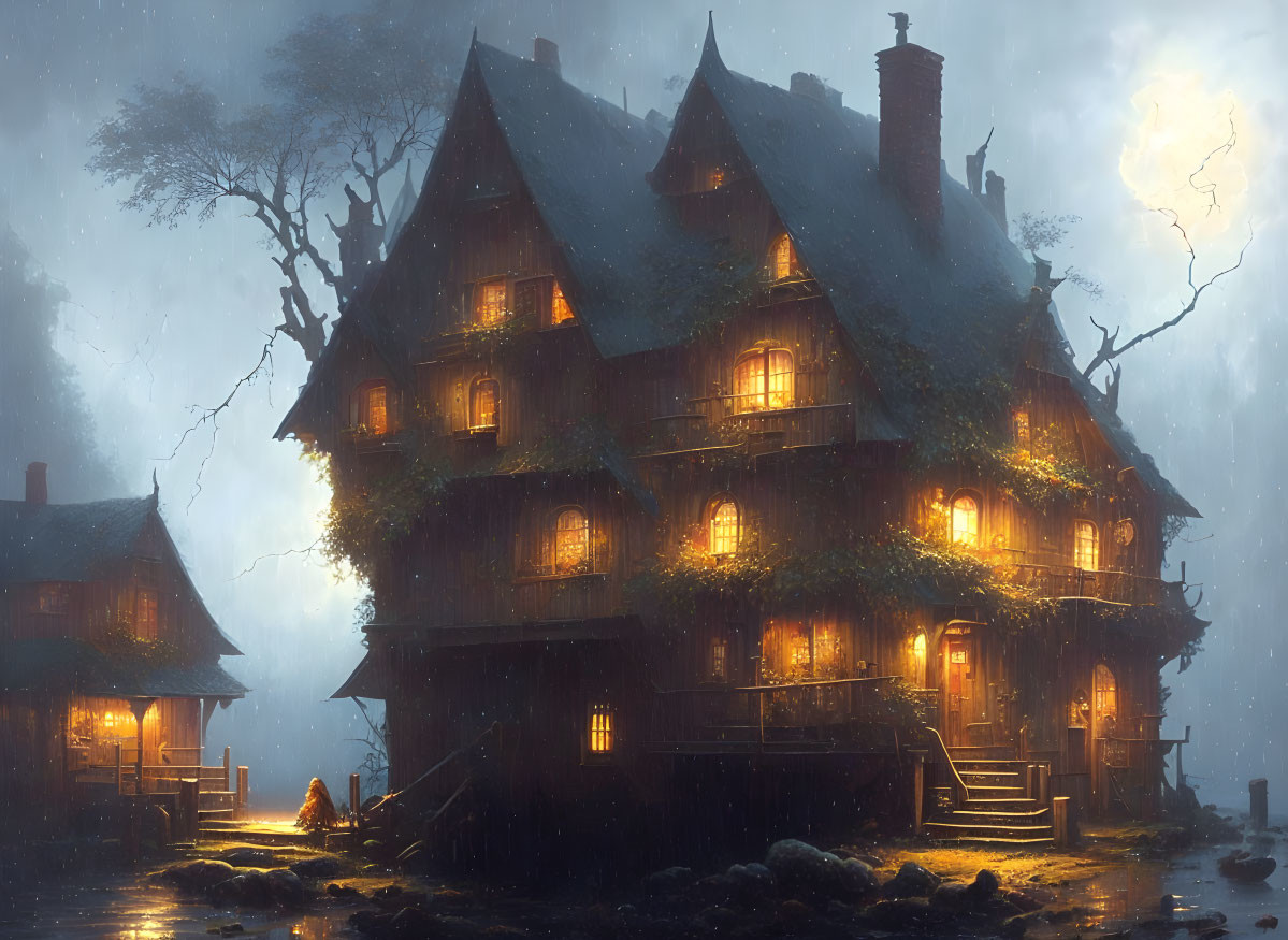 Spooky mansion in misty forest under stormy sky