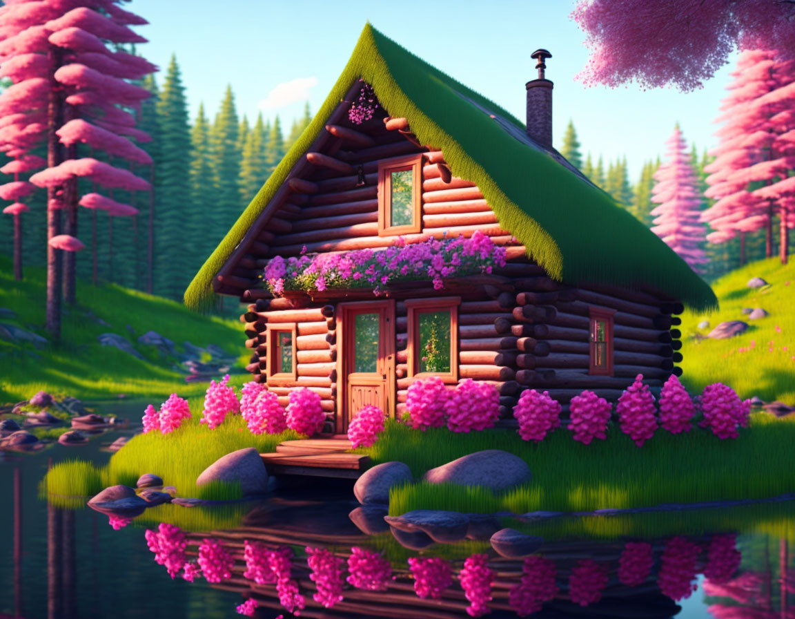 Cozy log cabin in pink foliage at sunset with pond and forest view