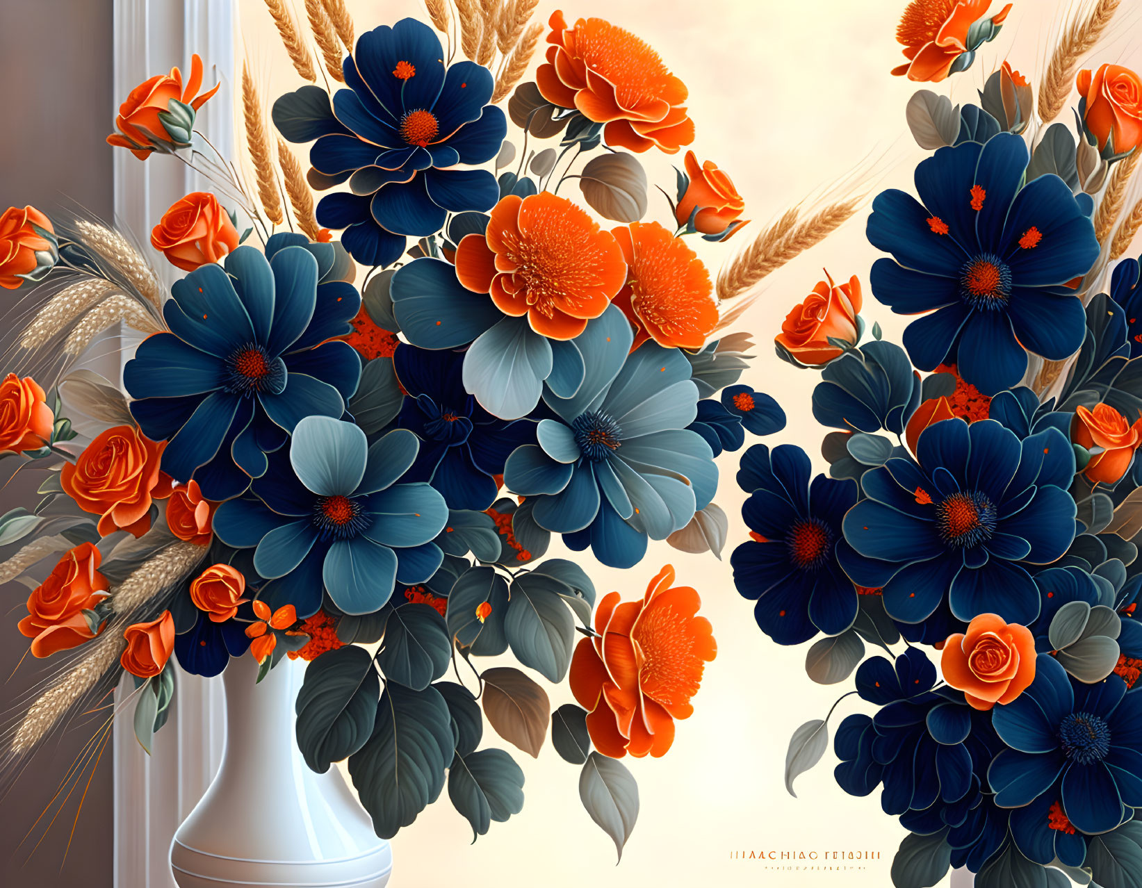 Colorful digital artwork: Blue and orange flowers with wheat stalks in a classical bouquet.