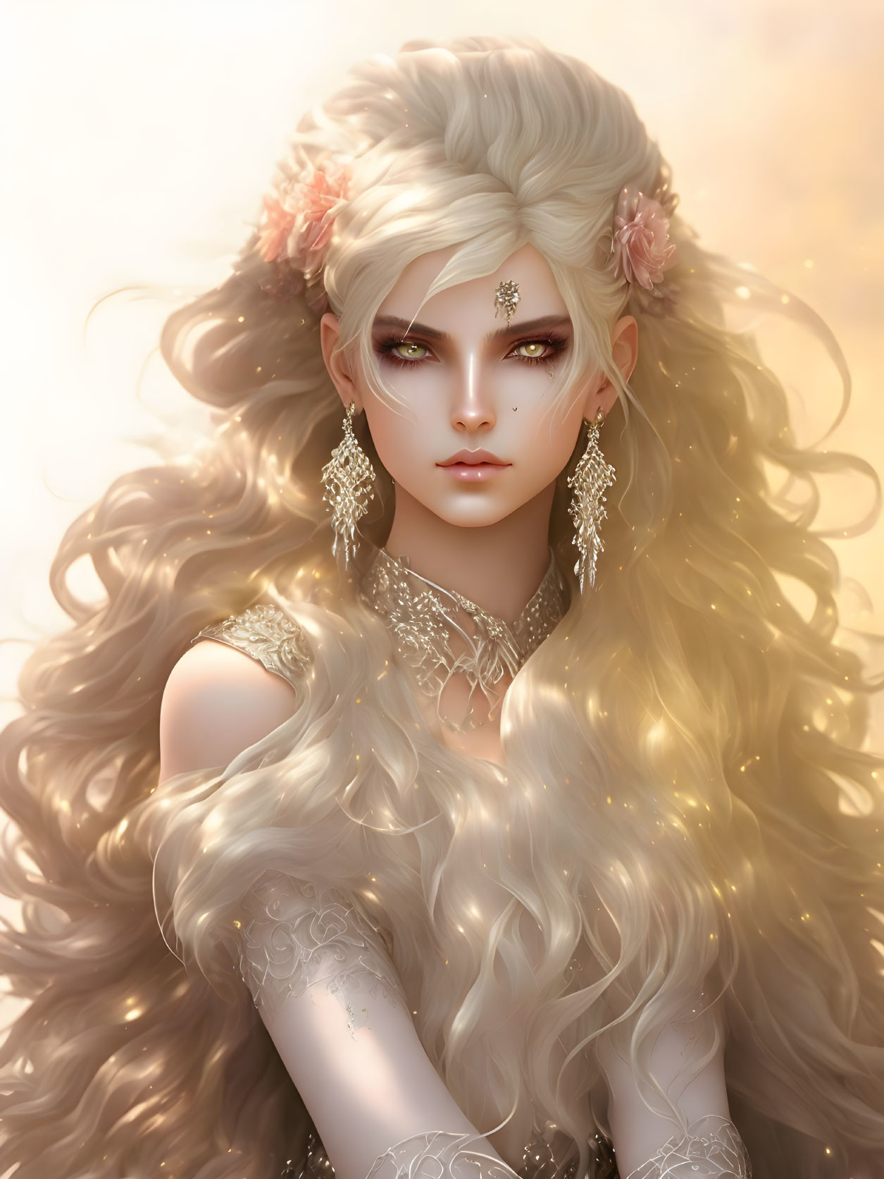 Illustrated portrait of woman with white hair and pink flowers, gold jewelry, intricate neckline, soft glowing