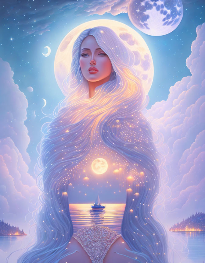 Ethereal woman with flowing hair and celestial elements.