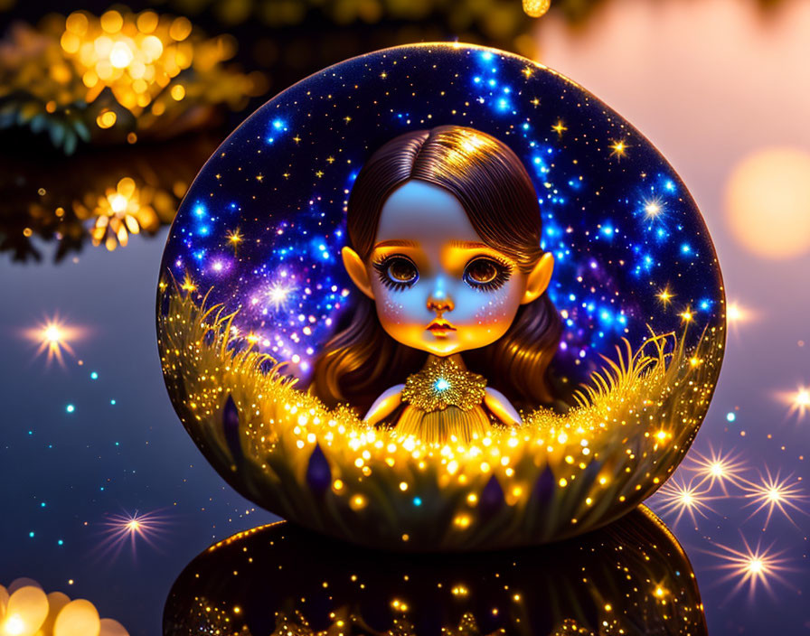 Stylized doll illustration in cosmic snow globe with stars and golden accents