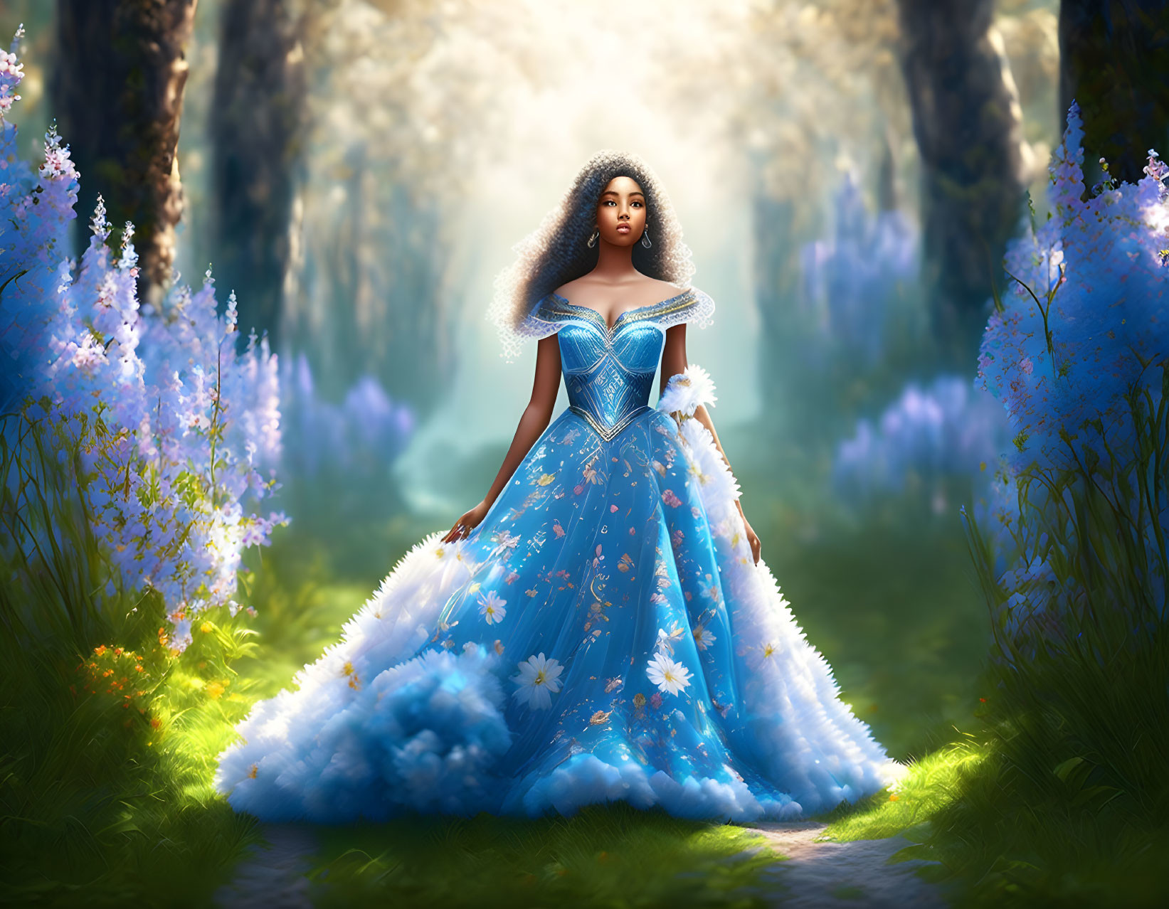 Woman in ornate blue gown in mystical forest with light and purple flowers