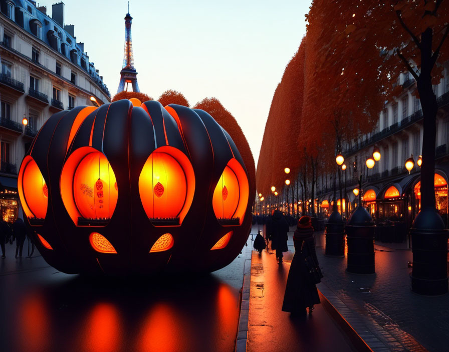 Lit Pumpkin-Shaped Installation on Tree-Lined Street at Dusk with Eiffel Tower