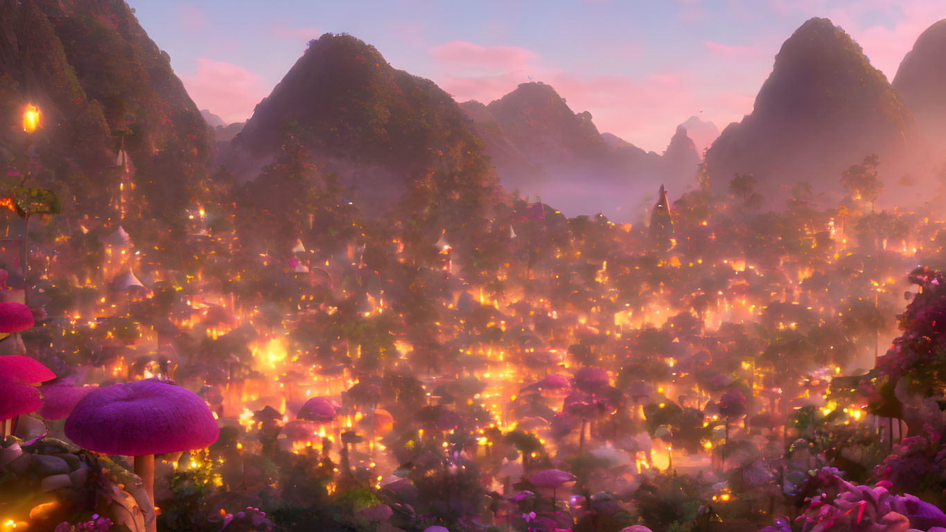 Fantastical landscape with glowing flowers, lush hills, purple mushrooms, and warm sunset.